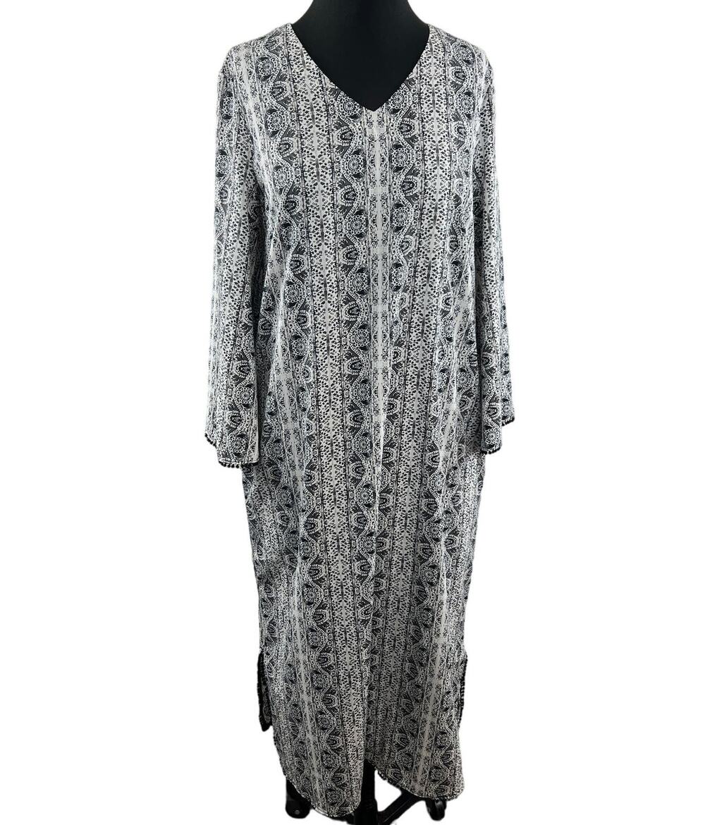 Coolibar Tanjier UPF 50+ Kaftan White Black Print Long Sleeve V-Neck Size Small